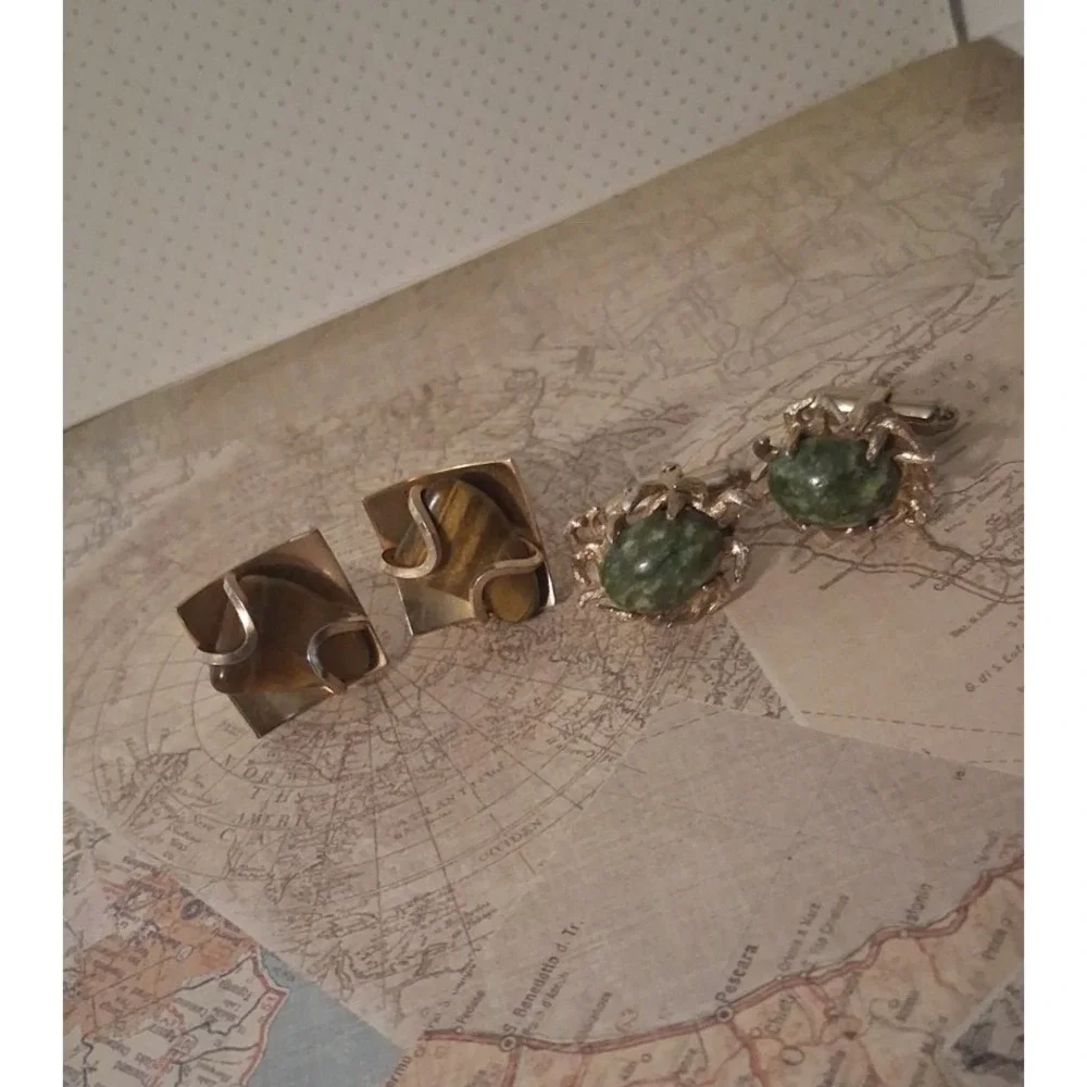 2 pair VTG Tiger's Eye & Unique Green Jasper (?) Cufflinks Tiger Eye PAT247958